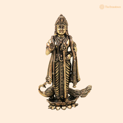 Brass Murugan Idol with Peacock 4.5 Inch front view – pure brass handcrafted India