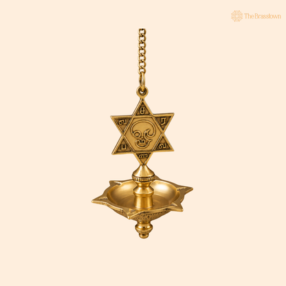Hanging Brass Lamp with Star – Traditional Peetal Thooku Vilakku Deepam for Temple, Home Mandir &amp; Spiritual Décor 22 Inch
