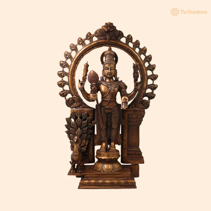 Brass Subramanya Murugan Kartikeya Idol – Fine Golden Finish Subrahmanya Skanda Kumaraswamy Murti for Puja &amp; Home Mandir 22 Inch