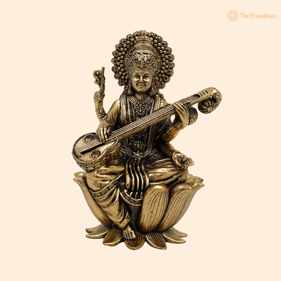 Handcrafted Brass Saraswati Mata Idol 4 Inch front view – pure brass handcrafted India