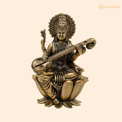 Handcrafted Brass Saraswati Mata Idol 4 Inch front view – pure brass handcrafted India