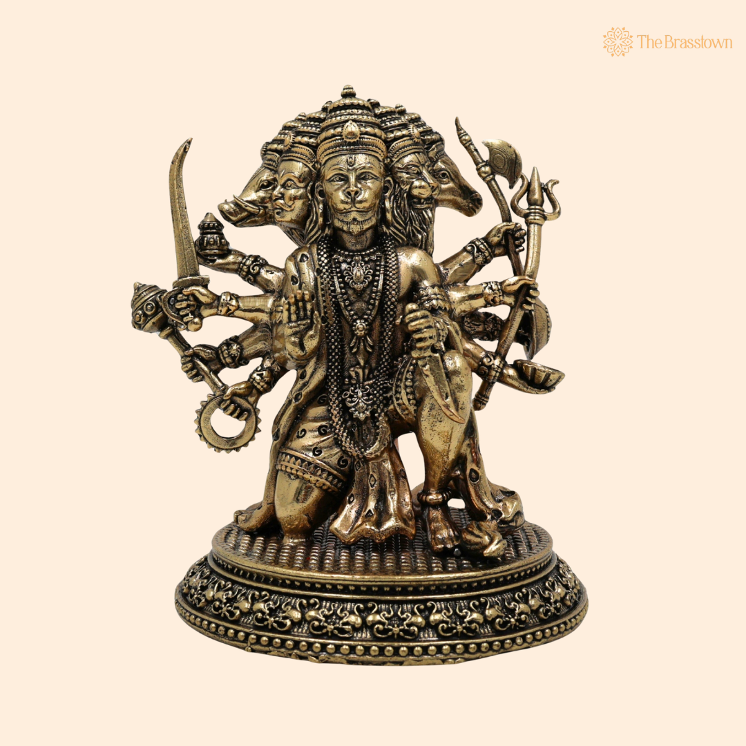 Brass Panchmukhi Sitiing Hanuman Idol 4.5 Inch front view – pure brass handcrafted India