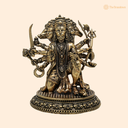 Brass Panchmukhi Sitiing Hanuman Idol 4.5 Inch front view – pure brass handcrafted India