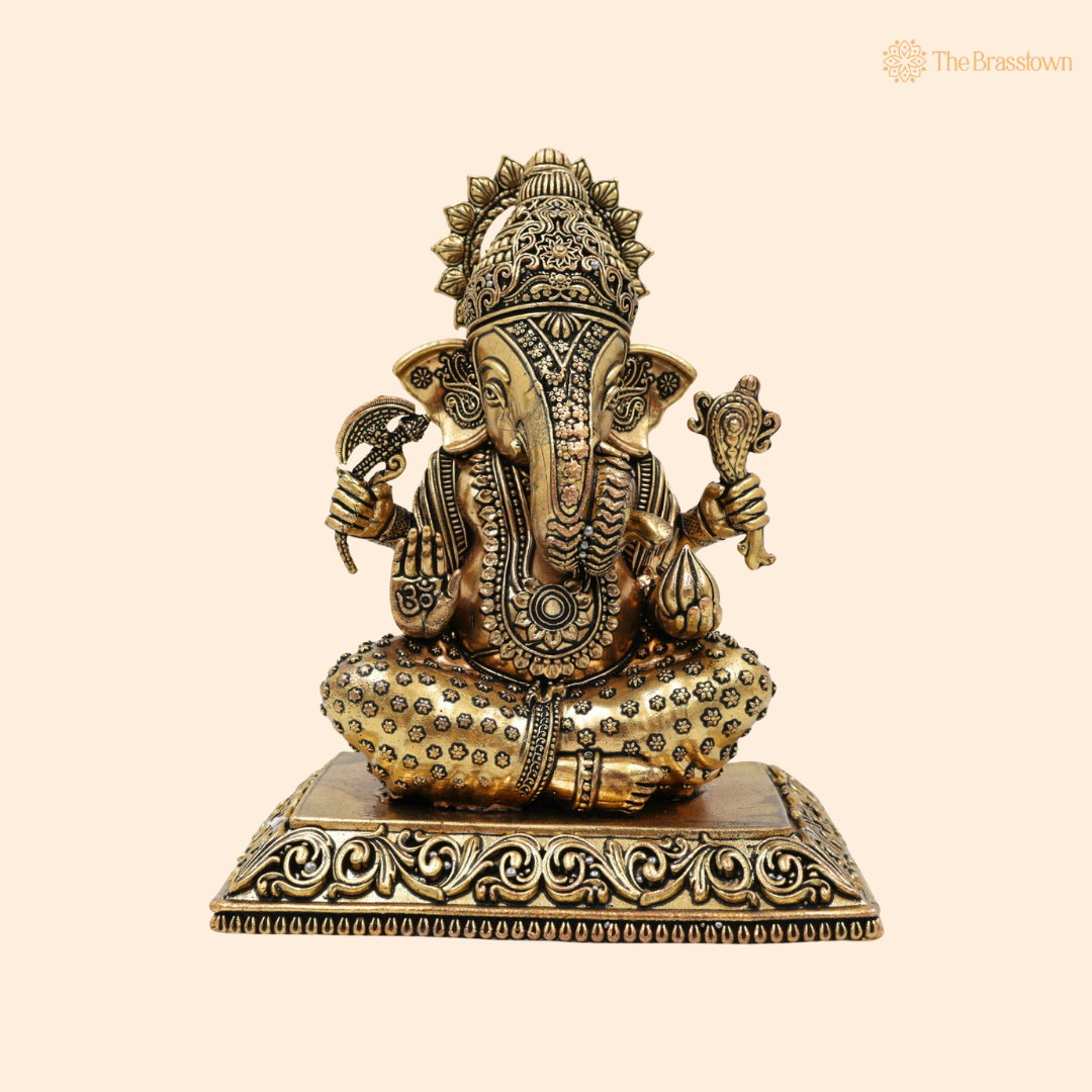 Handcrafted Brass Sitting Ganpati Bappa 6 Inch front view – pure brass handcrafted India