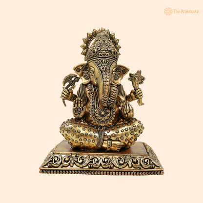 Handcrafted Brass Sitting Ganpati Bappa 6 Inch front view – pure brass handcrafted India