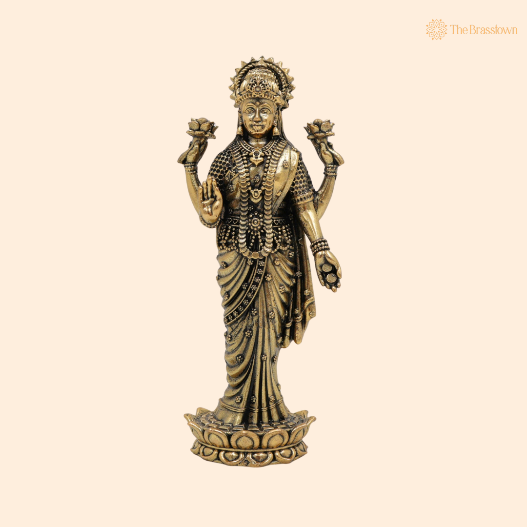Brass Standing Lakshmi Idol 6 Inch front view – pure brass handcrafted India