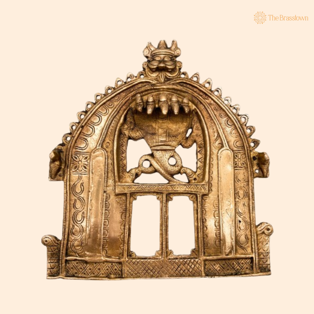 Antique Brass Temple Arch Frame with Mythical Motifs 9 Inch