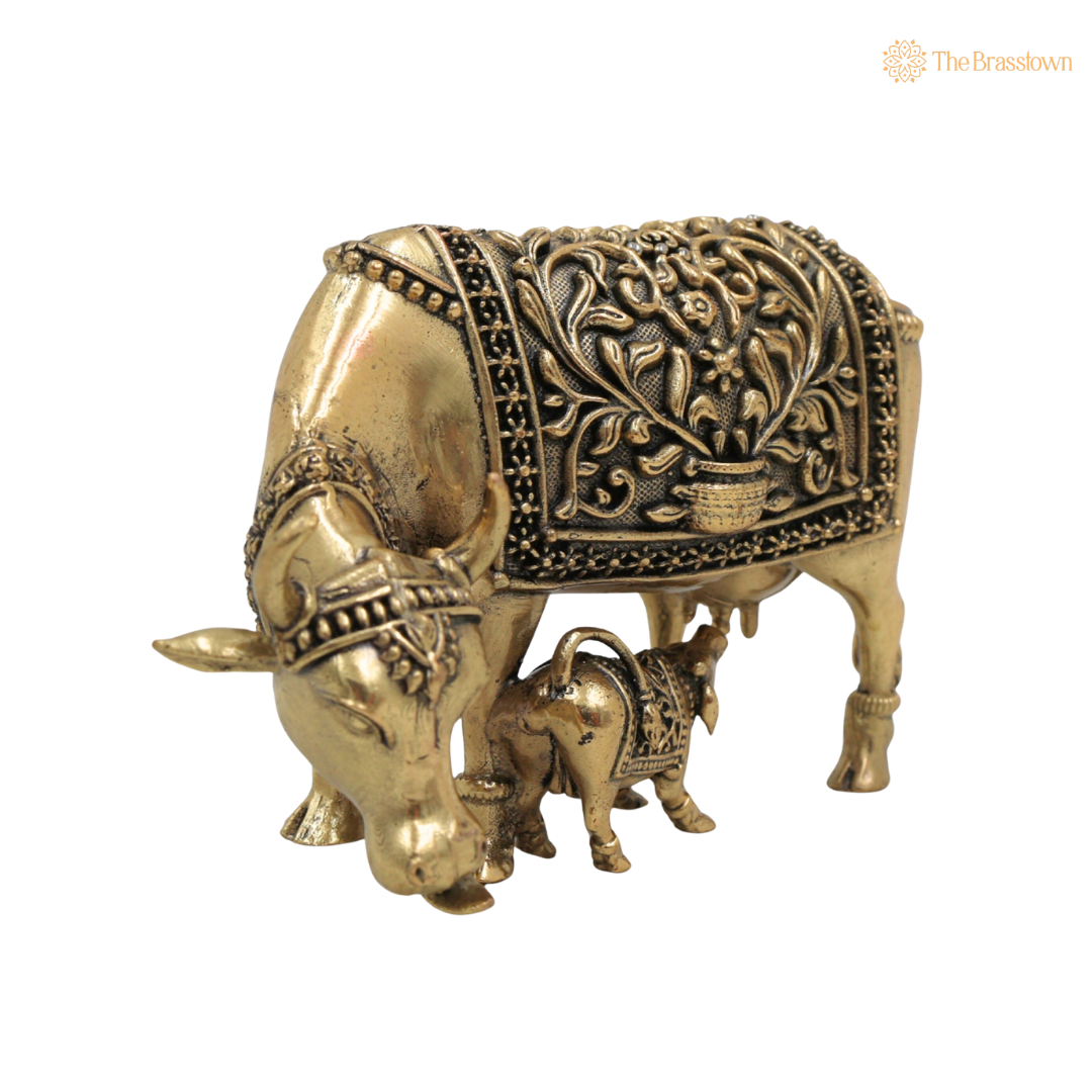 Handcrafted Brass Kamadhenu Idol 2.5 Inch side view – antique finish detail