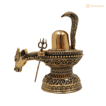 Brass Shivling with Nandi 4 Inch side view – antique finish detail