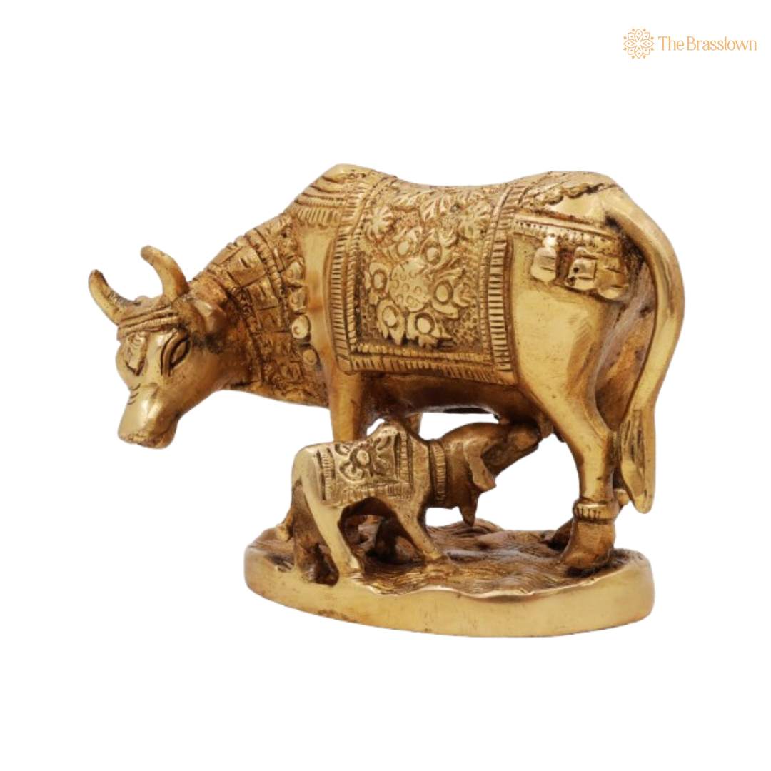 Sacred Brass Cow and Calf Statue 3.5 Inch