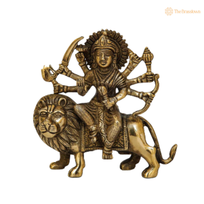 Brass Durga Maa Sherawali Idol 5.5 Inch side view – antique finish detail