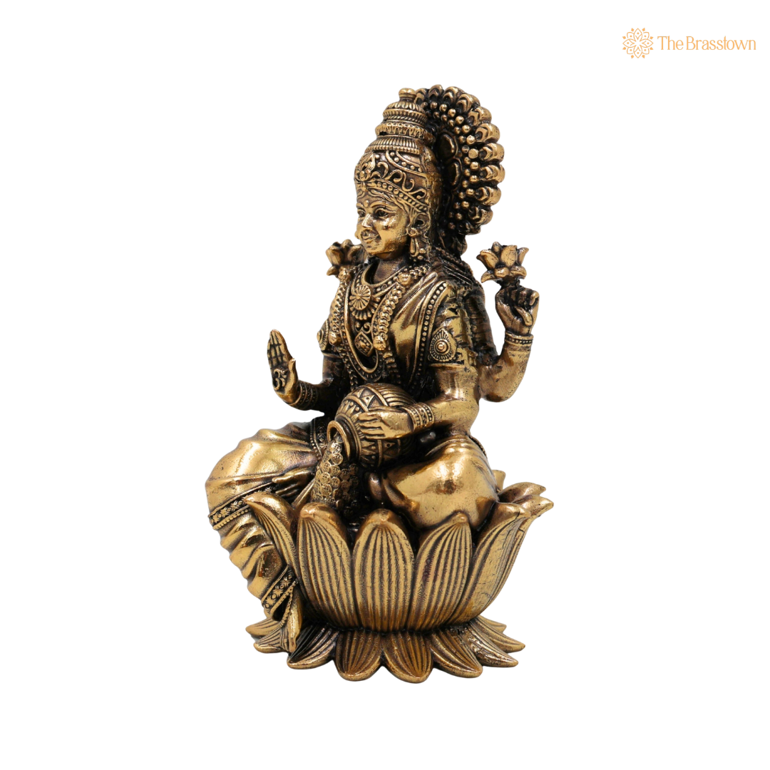 Brass Mahalakshmi Murti 4 Inch side view – antique finish detail