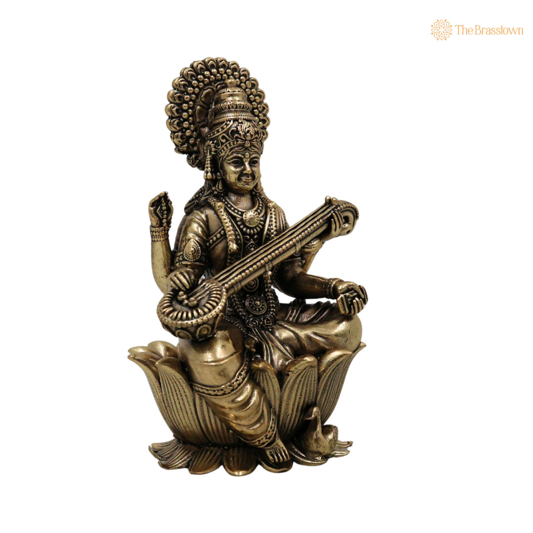 Brass Saraswati Idol 4 Inch side view – antique finish detail