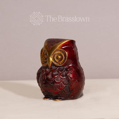 Handcrafted Brass Owl Statue – Red and Gold Decor Accent