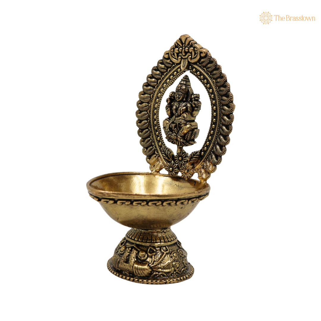 Brass Mahalakshmi Deepam 4.5 Inch side view – antique finish detail