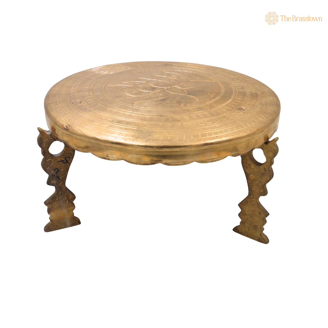 Round Lotus Brass Pooja Stand Chowki – Traditional Peetham Singhasan Circular Idol Display Base for God Idols, Diya, Urli &amp; Temple Décor 6.5 Inch