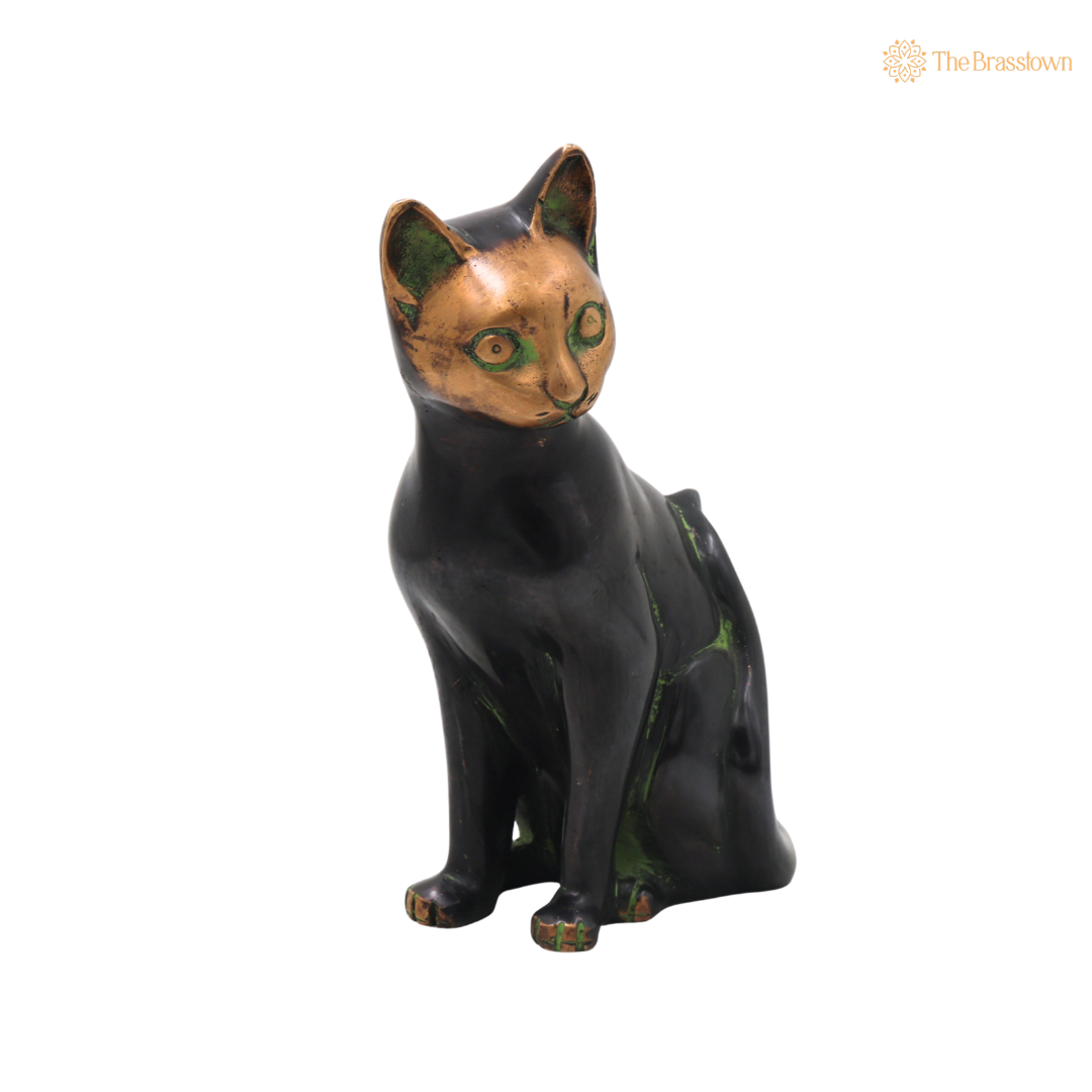 Brass Cat Idol – Handcrafted Cat Sculpture for Vastu, Home Décor, Pooja &amp; Luxury Gifting 8 Inch