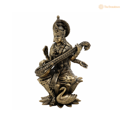 Brass Saraswati Idol 4.5 Inch side view – antique finish detail
