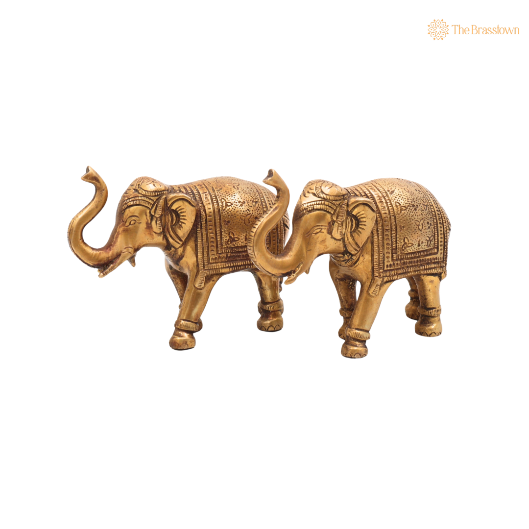 Handcrafted Brass Elephant Idol – Gaja Murti, Hasti, Airavata, Gajanan Decorative Hathi Statue for Home, Temple, Vastu, Feng Shui &amp; Spiritual Gifting (Set of 2) 3.5 Inch