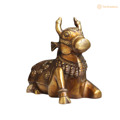 Handcrafted Brass Stone Work Nandi 7 Inch side view – antique finish detail