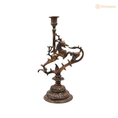 Brass Yali Candle Holder Stand 13 Inch side view – antique finish detail