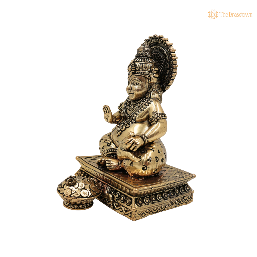 Brass Handcrafted Kubera Idol 6.5 Inch side view – antique finish detail