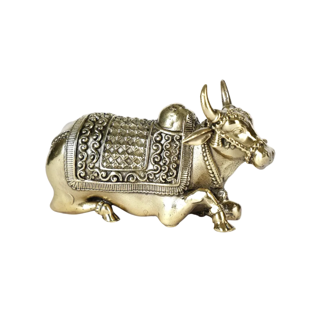 Handcrafted Brass Nandi Statue 2 Inch side view – antique finish detail