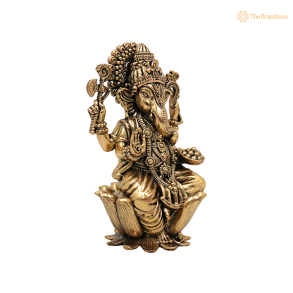 Handcrafted Brass Ganpati Bappa Idol 4 Inch side view – antique finish detail