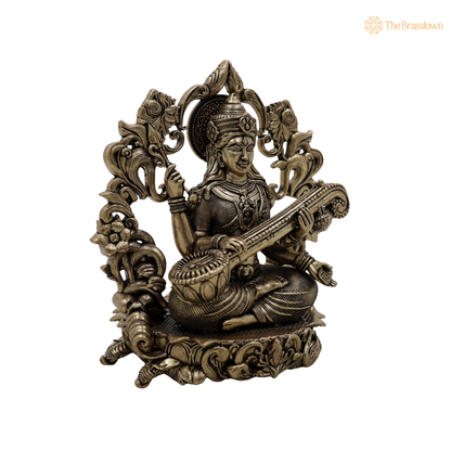 Handcrafted Brass Saraswati Mata Idol 4.5 Inch side view – antique finish detail