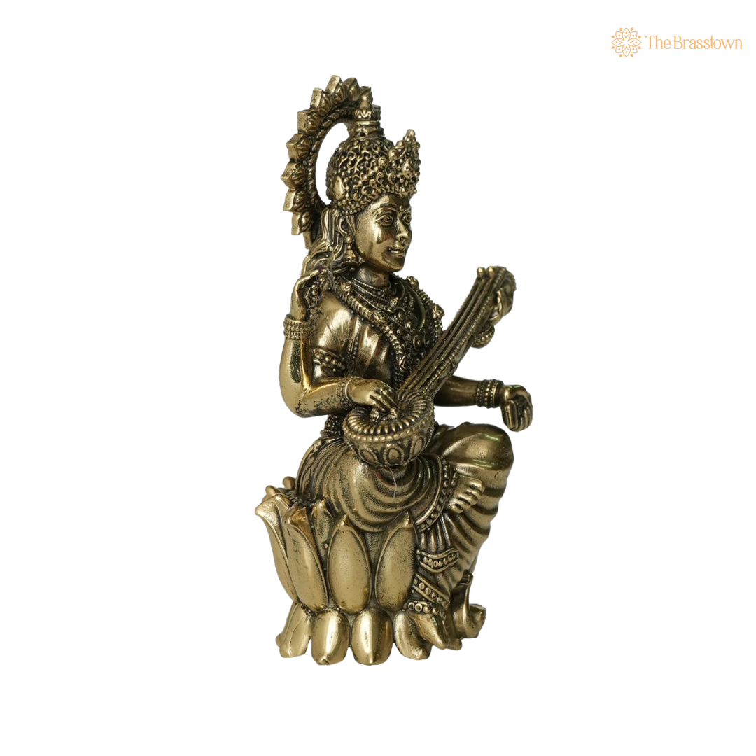Brass Saraswati Idol 2.5 Inch side view – antique finish detail