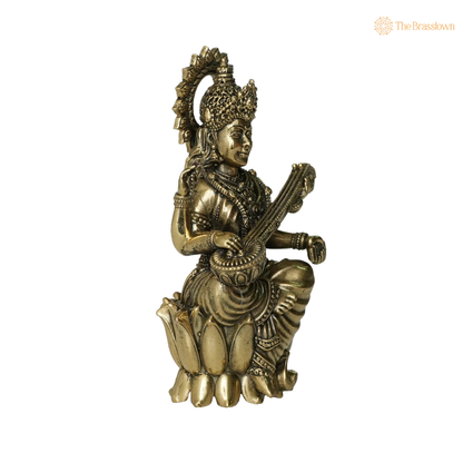 Brass Saraswati Idol 2.5 Inch side view – antique finish detail
