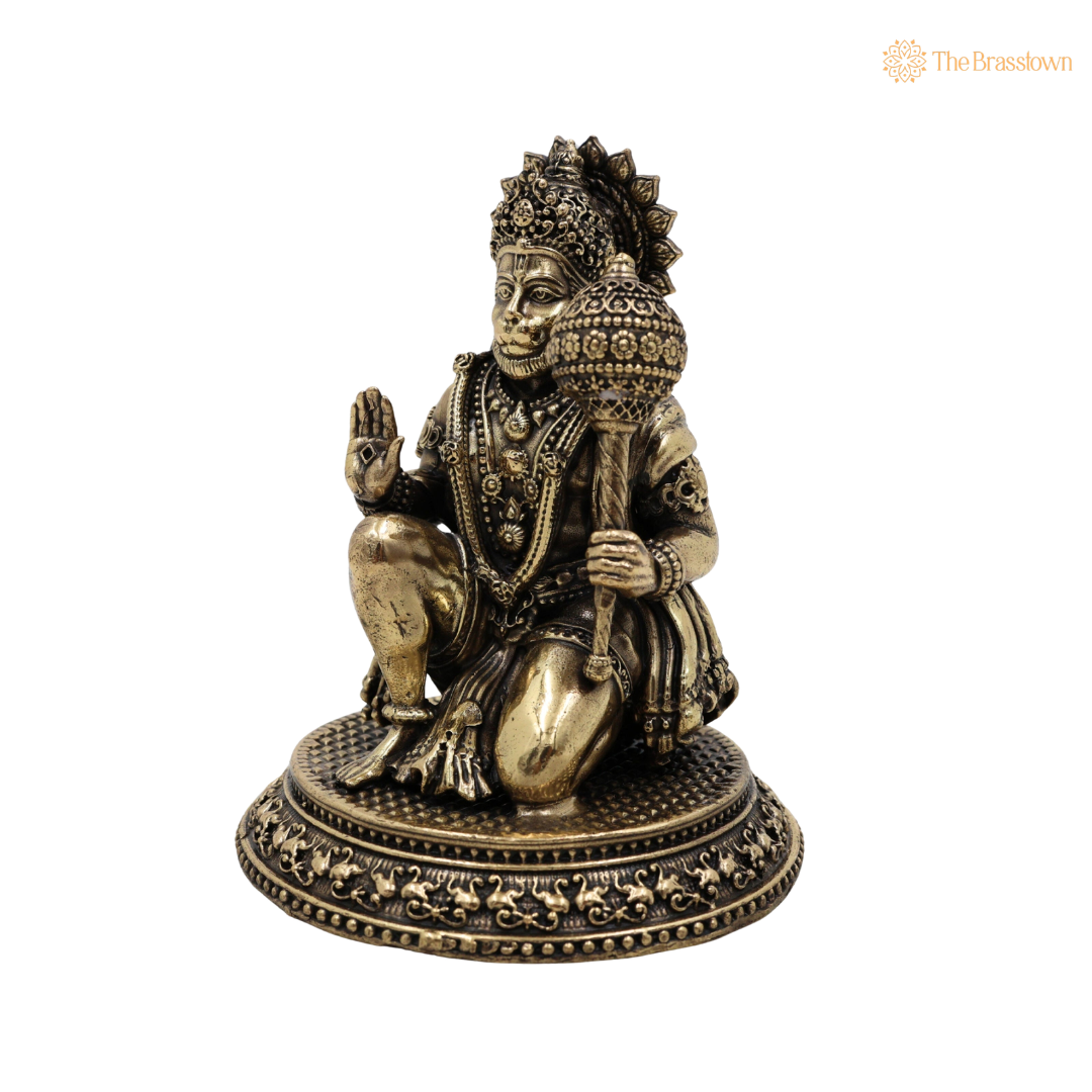 Handcrafted Brass Sitting Hanuman Idol 4.5 Inch side view – antique finish detail