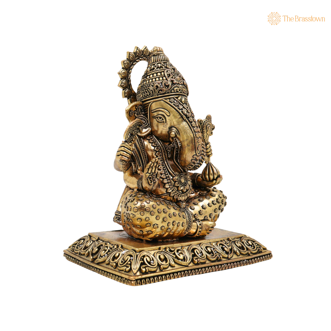 Handcrafted Brass Sitting Ganpati Bappa 6 Inch side view – antique finish detail