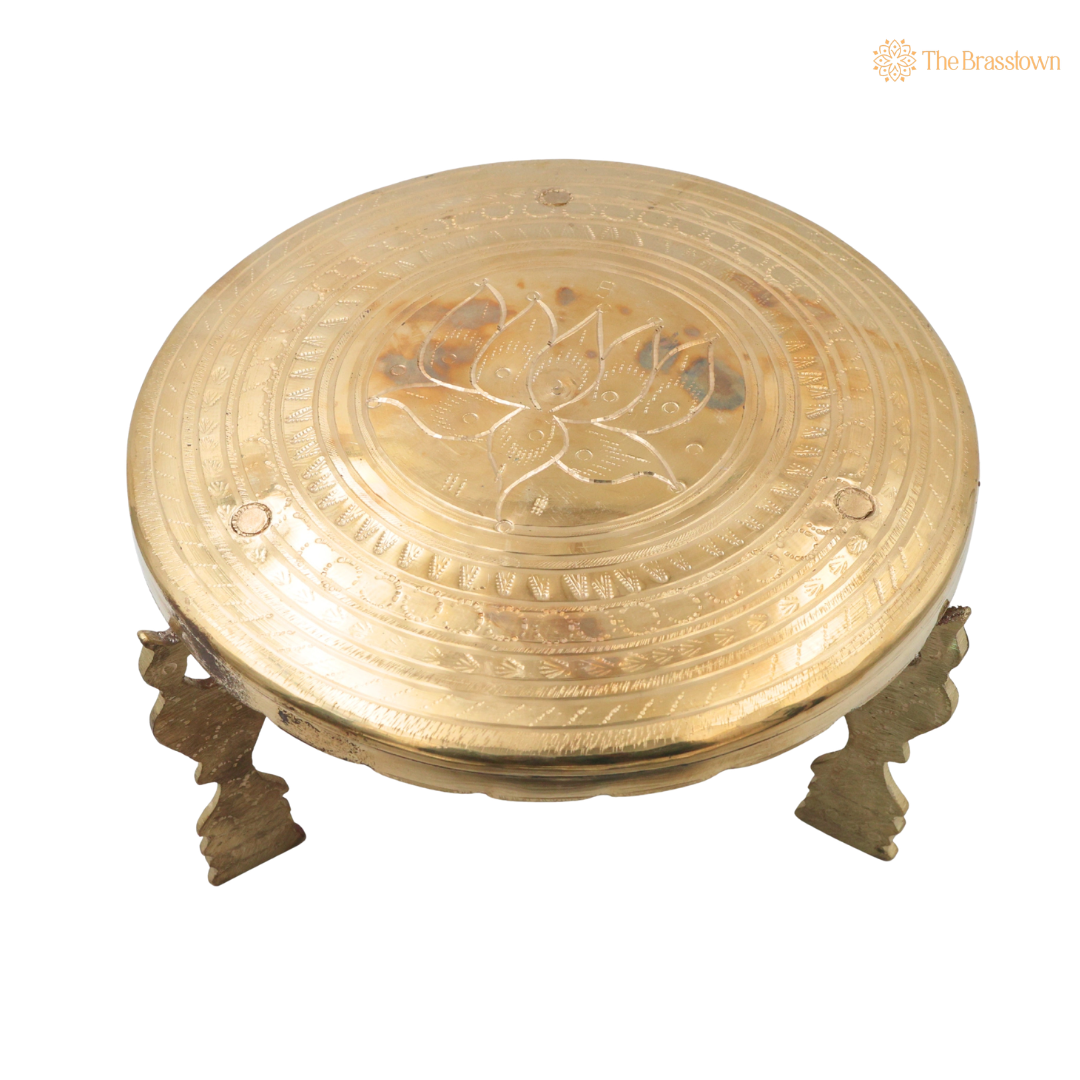 Round Brass Pooja Stand Chowki – Traditional Peetham Singhasan Circular Idol Display Base for God Idols, Diya, Urli &amp; Temple Décor 5.5 Inch