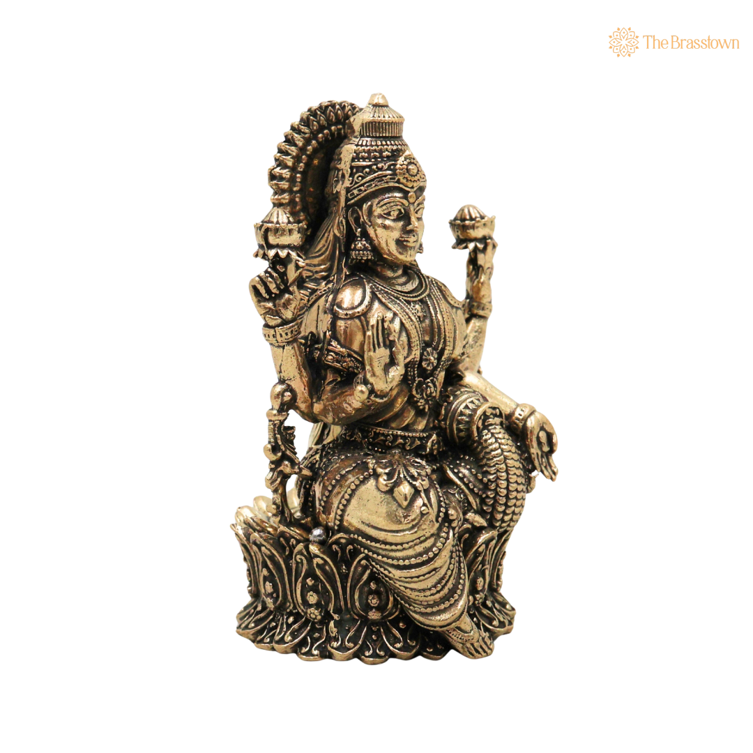Brass Handcrafted Mahalakshmi Idol 5 Inch side view – antique finish detail