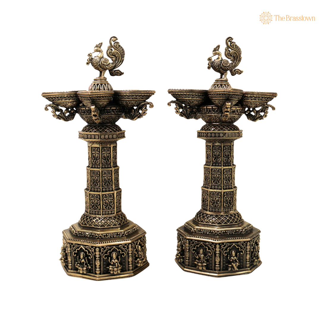Brass Peacock Lakshmi Vilakku Deepam – Handcrafted Peetal Oil Lamp for Pooja, Home Mandir &amp; Spiritual Décor 13 Inch