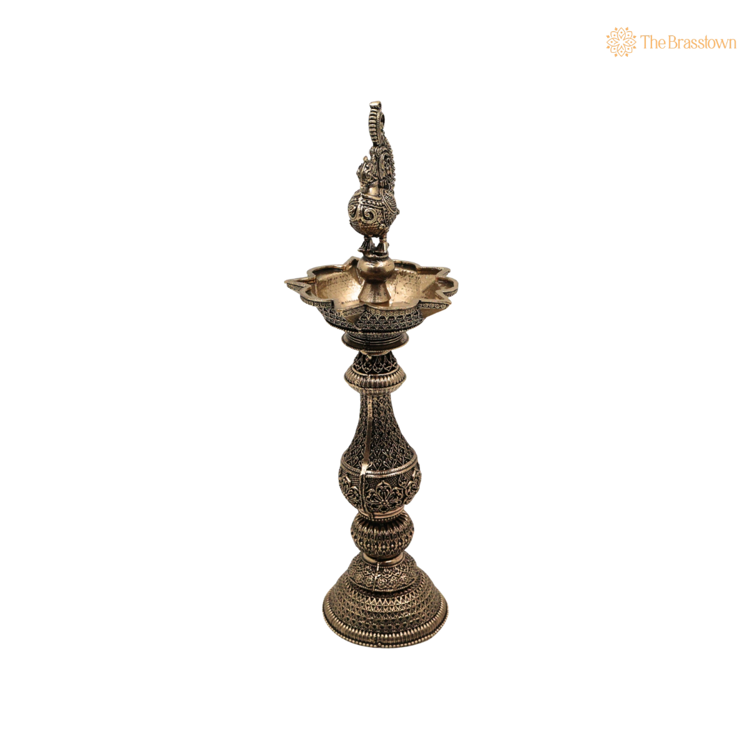 Brass Traditional Peacock Deepam Diya 8 Inch side view – antique finish detail