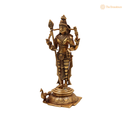 Brass Lord Murugan Idol – Kartikeya / Skanda / Subramanya Statue for Home Temple &amp; Puja 11 Inch