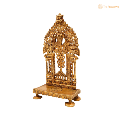 Brass Prabhavali Chowki 9.5 Inch side view – antique finish detail