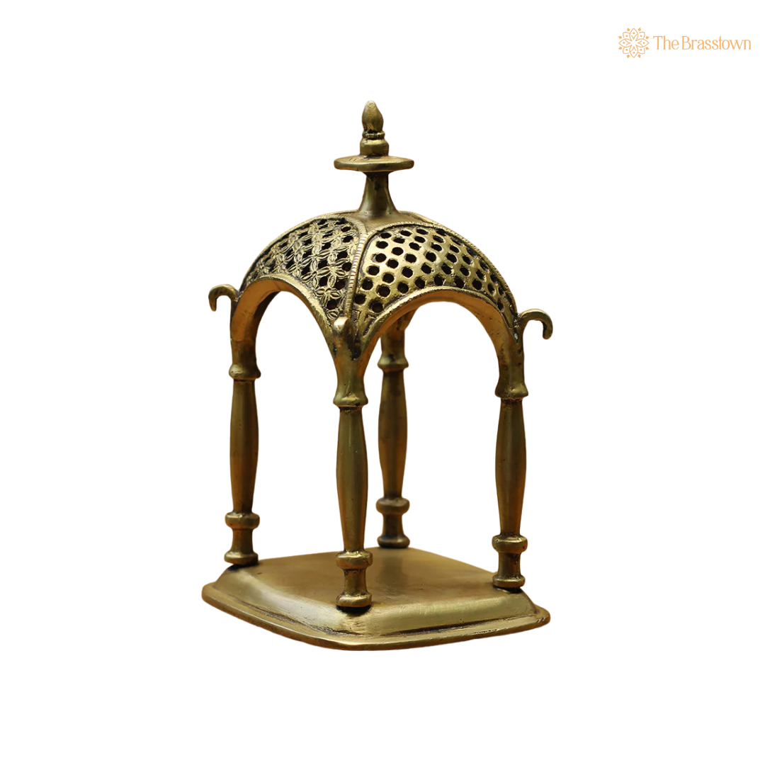 Handcrafted Brass Temple Jali Work 7 Inch side view – antique finish detail