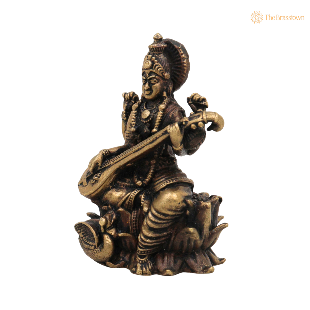 Brass Saraswati Mata Idol 3 Inch side view – antique finish detail