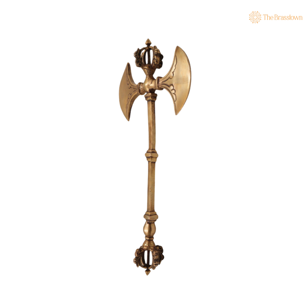 Brass Parashu / Dorje Axe 8 Inch side view – antique finish detail