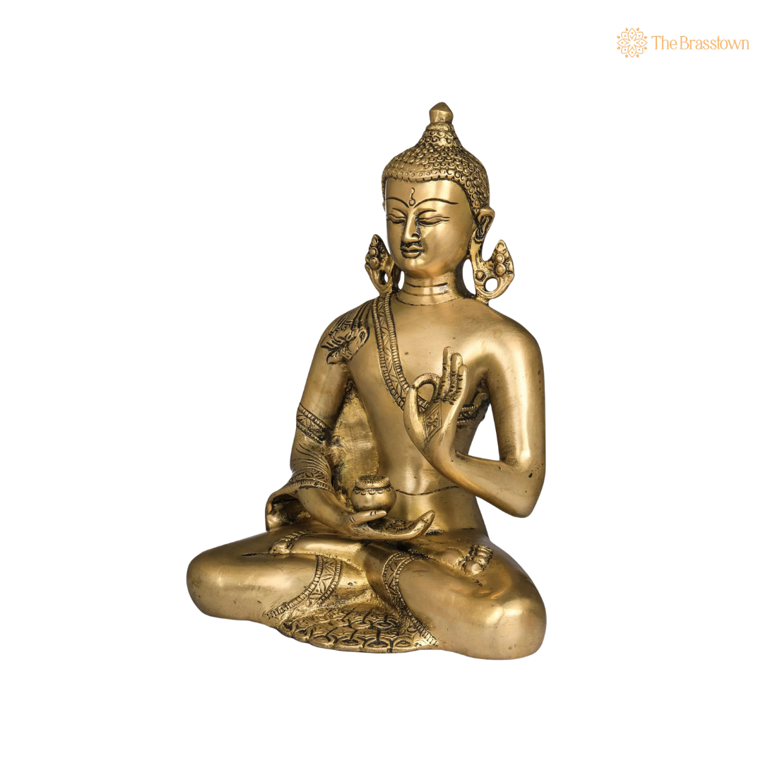 Handcrafted Brass Earth-Touching Buddha Statue 9 Inch side view – antique finish detail