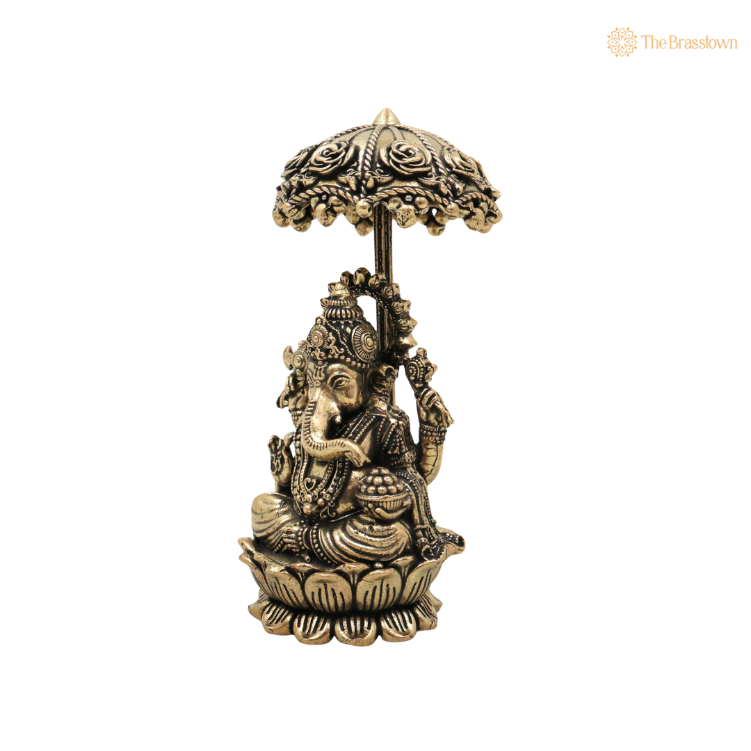 Handcrafted Brass Ganpati Bappa Idol 4.5 Inch side view – antique finish detail