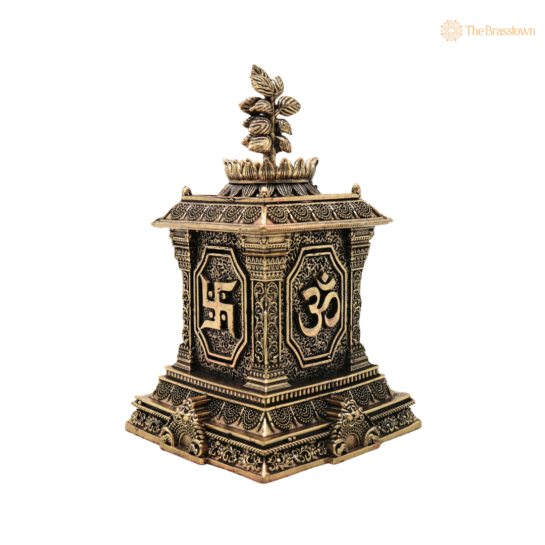 Brass Tulsi Maadam Tulasi Vrindavan – Handcrafted - Handcrafted Pooja Decor by The Brasstown - Close-up View