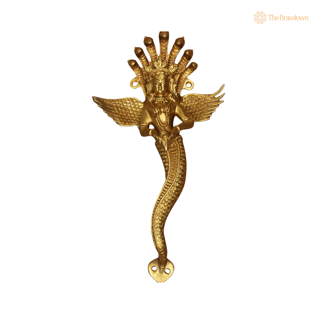 Handcrafted Brass Nagkanya Door Handle 14 Inch side view – antique finish detail