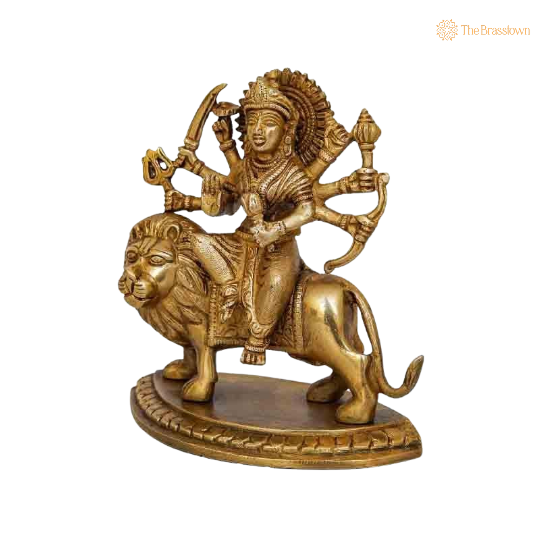 Brass Durga Maa Sherawali Idol 6 Inch side view – antique finish detail