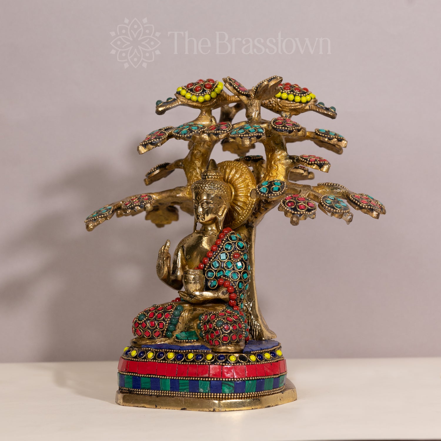 Brass Buddha Statue with Bodhi Tree – Handcrafted Enlightenment Decor