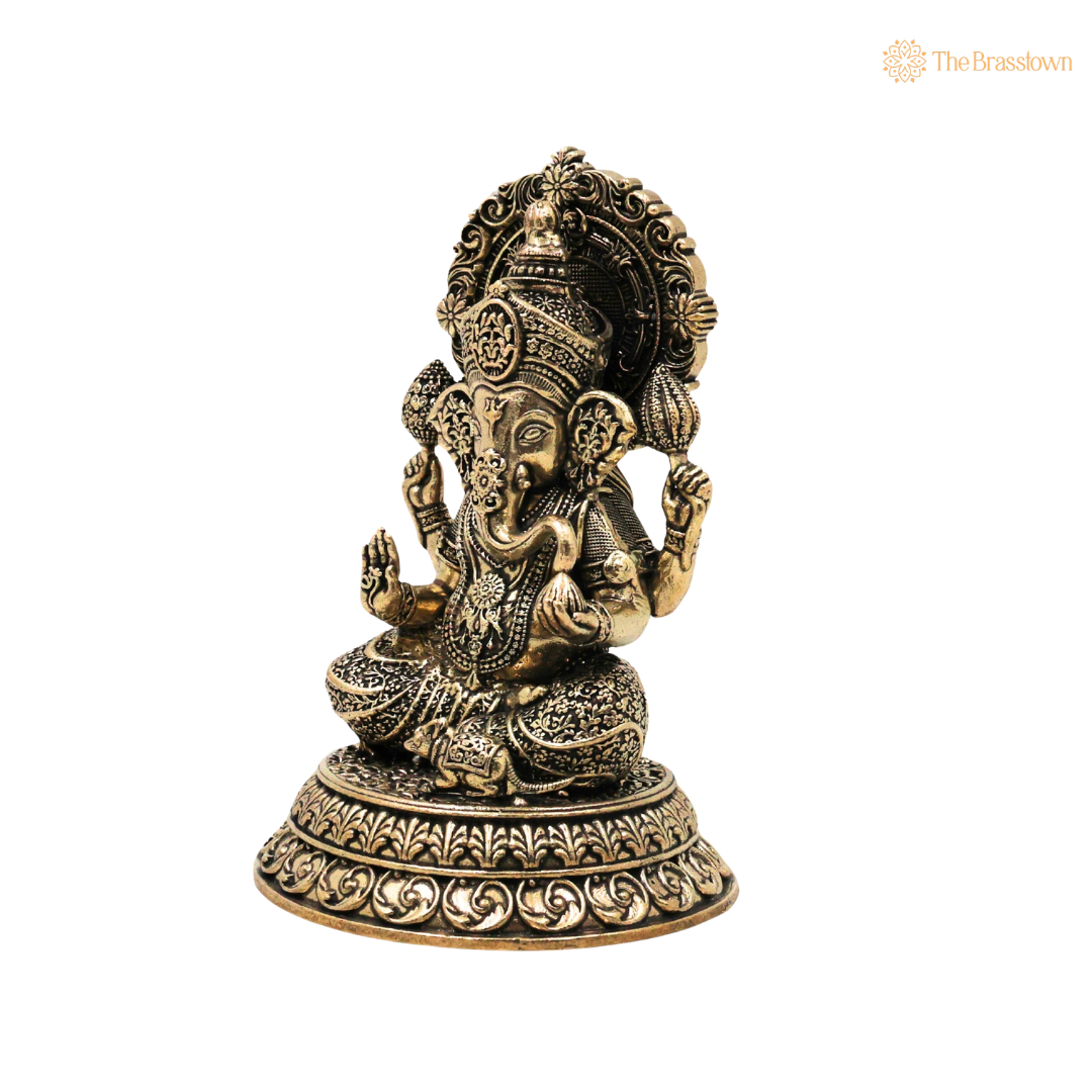 Brass Ganesha Idol 5.5 Inch side view – antique finish detail