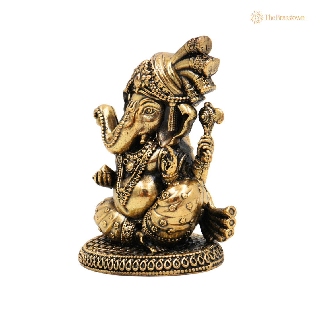 Brass Ganesha Idol 3 Inch side view – antique finish detail